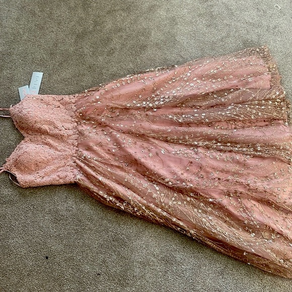 Let’s Dresses Lets Rose Gold Shimmer Dress With Embroidered Floral